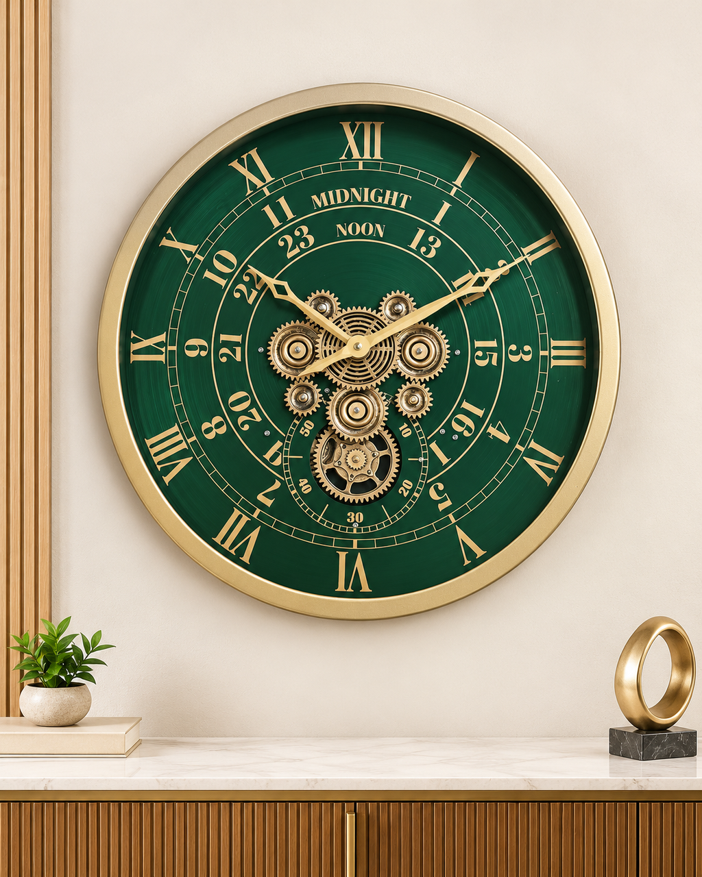 Mystic Motion Luxury Designer Silent Movement Wall Clock For Living Room With Moving Gear Mechanism- Medium (Green) (Steel Body)