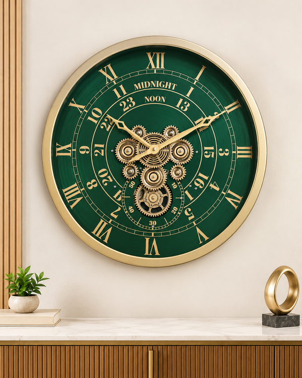 Mystic Motion Luxury Designer Silent Movement Wall Clock For Living Room With Moving Gear Mechanism- Medium (Green) (Steel Body)