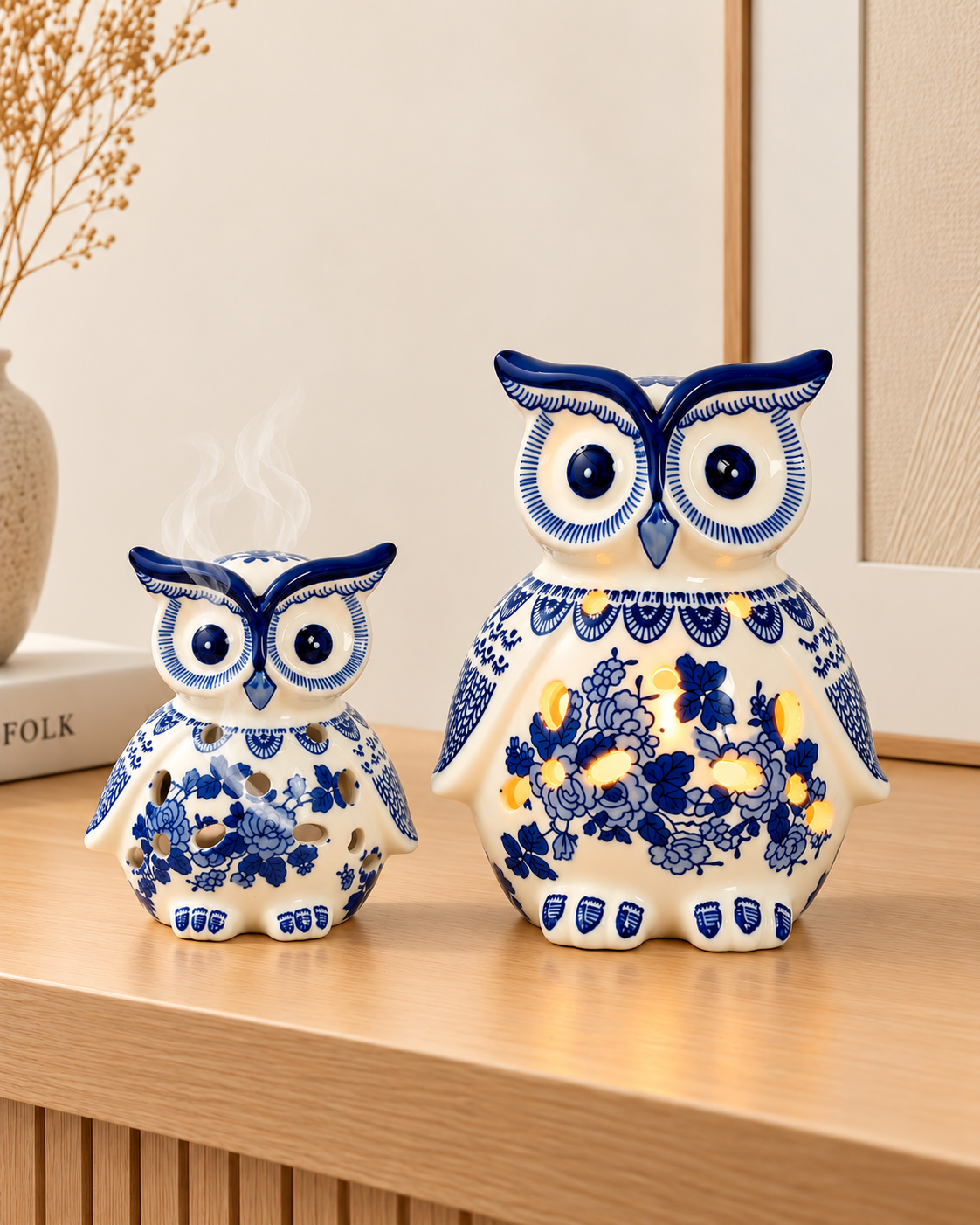 Enchanted Owl Decorative Tealight Candle Holder & Decorative Showpiece (Blue Pottery) - Set of 2