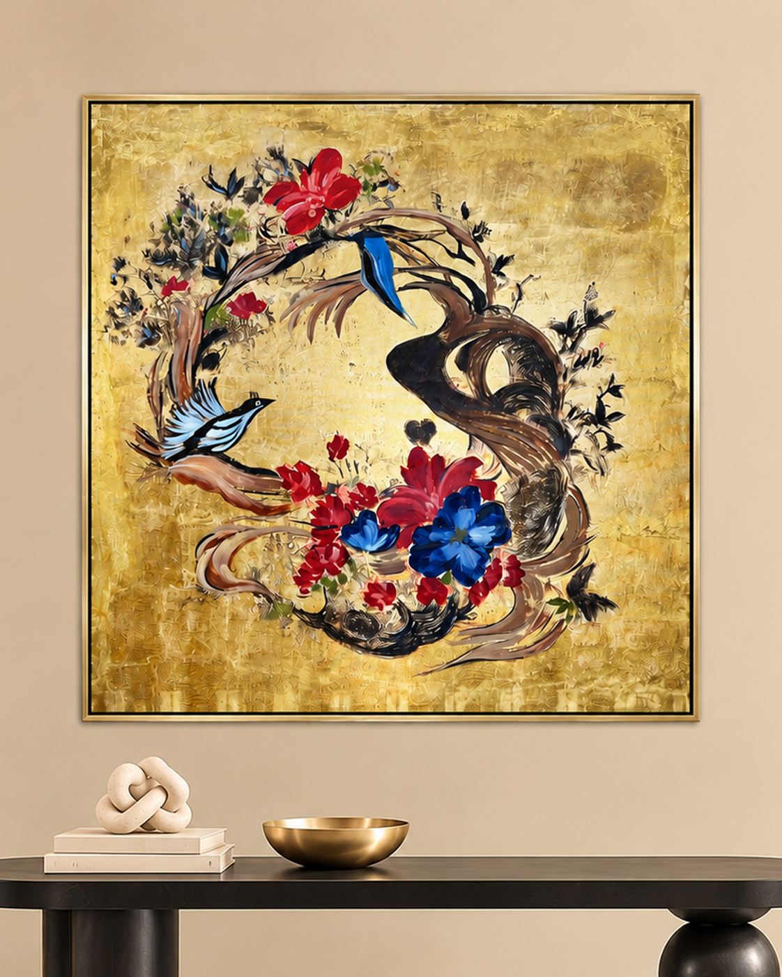 Floral Flight Sanctuary Hand Painted Decorative Wall Painting Bedroom (With Outer Floater Frame) (40 x 40 Inches)
