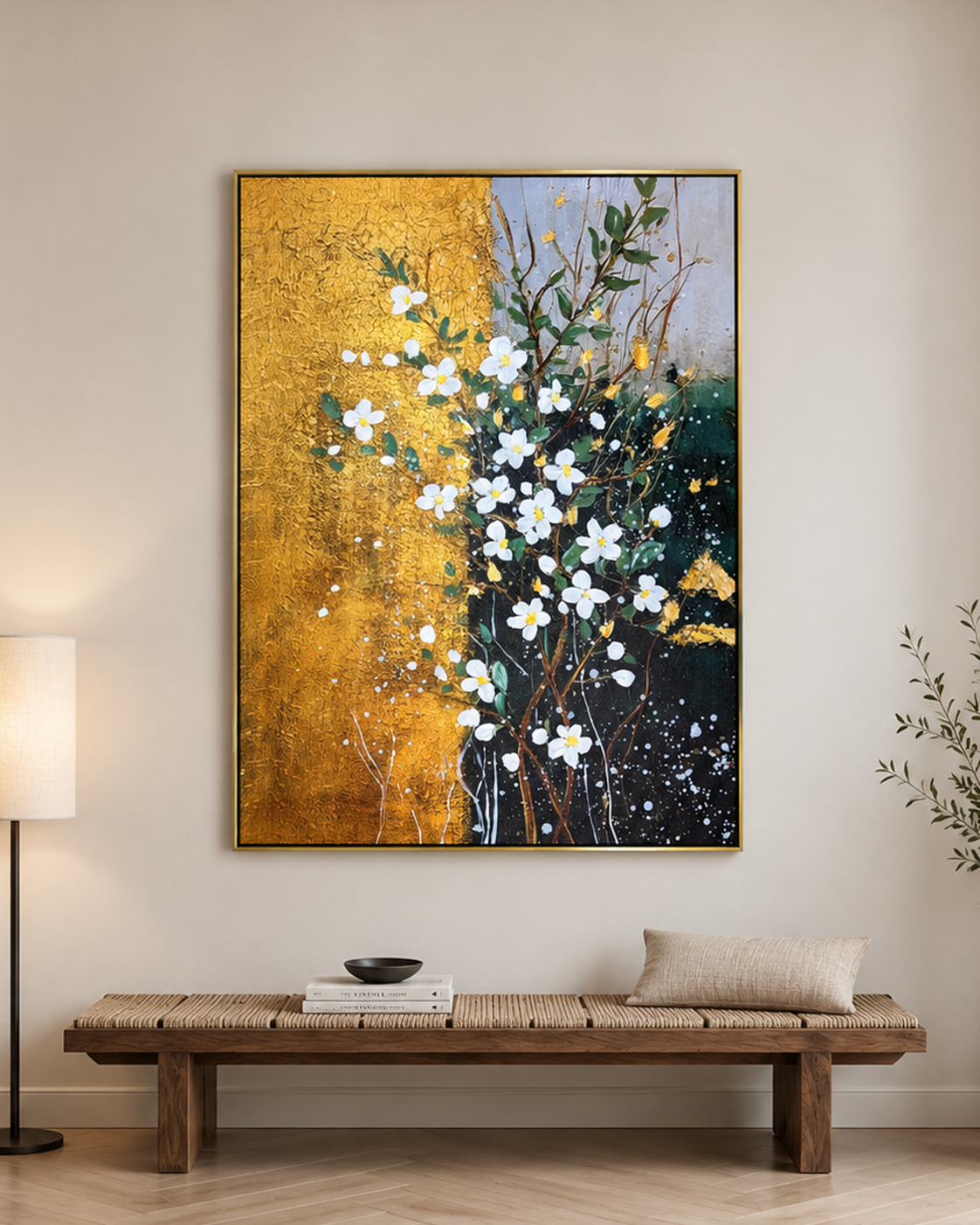 Garden of Gold 100% Handmade Wall Painting For Home (With Golden Outer Floater Frame frame) (35.5x47 Inches)