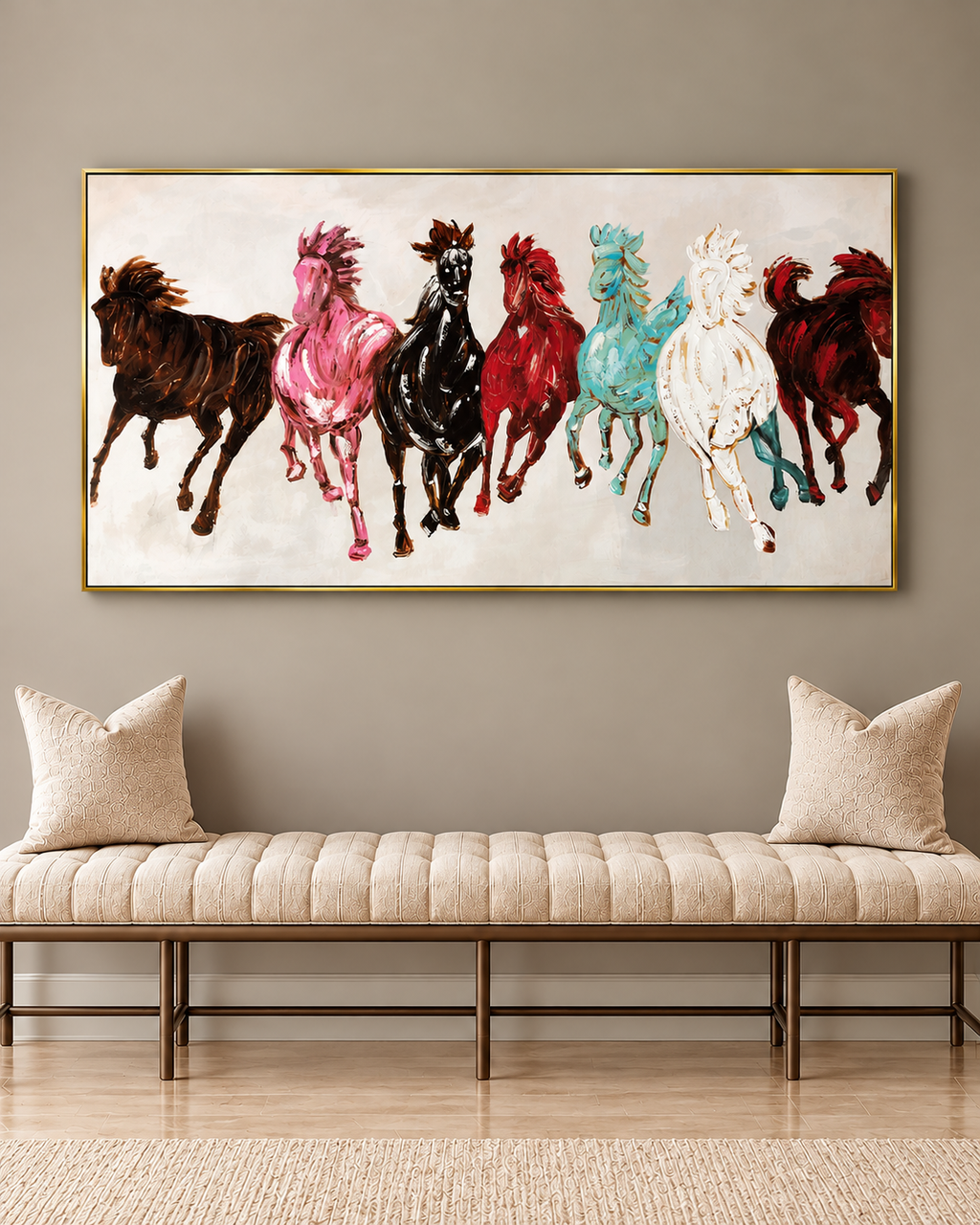Seven Running Horses Silver Canvas 100% Hand Painted Wall Painting  (64 x 32 Inches)