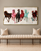Seven Running Horses Silver Canvas 100% Hand Painted Wall Painting  (64 x 32 Inches)