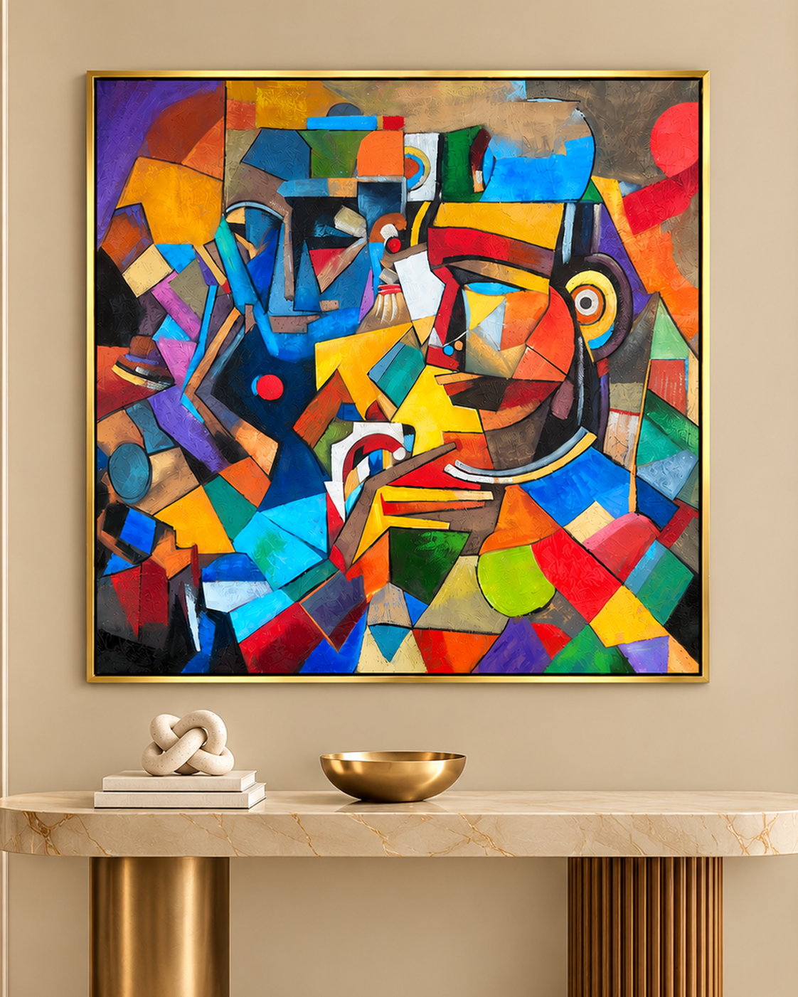 Geometric Faces Unraveled Decorative Hand painting for Home Decor (With outer Floater Frame) (40 x 40 Inches)