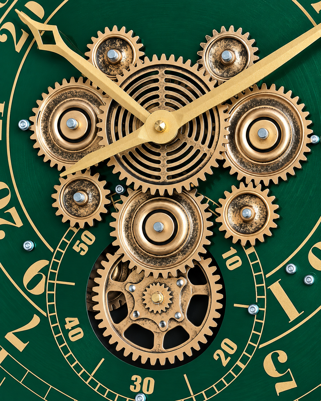 Mystic Motion Luxury Designer Silent Movement Wall Clock For Living Room With Moving Gear Mechanism- Medium (Green) (Steel Body)