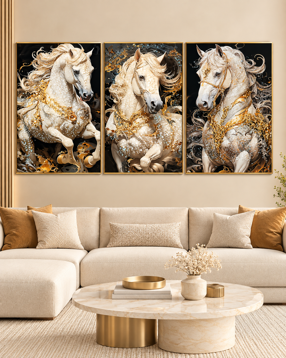 Majestic Equine Symphony Crystal Glass Wall Paintings For Living Room - Set Of 3 (Medium)