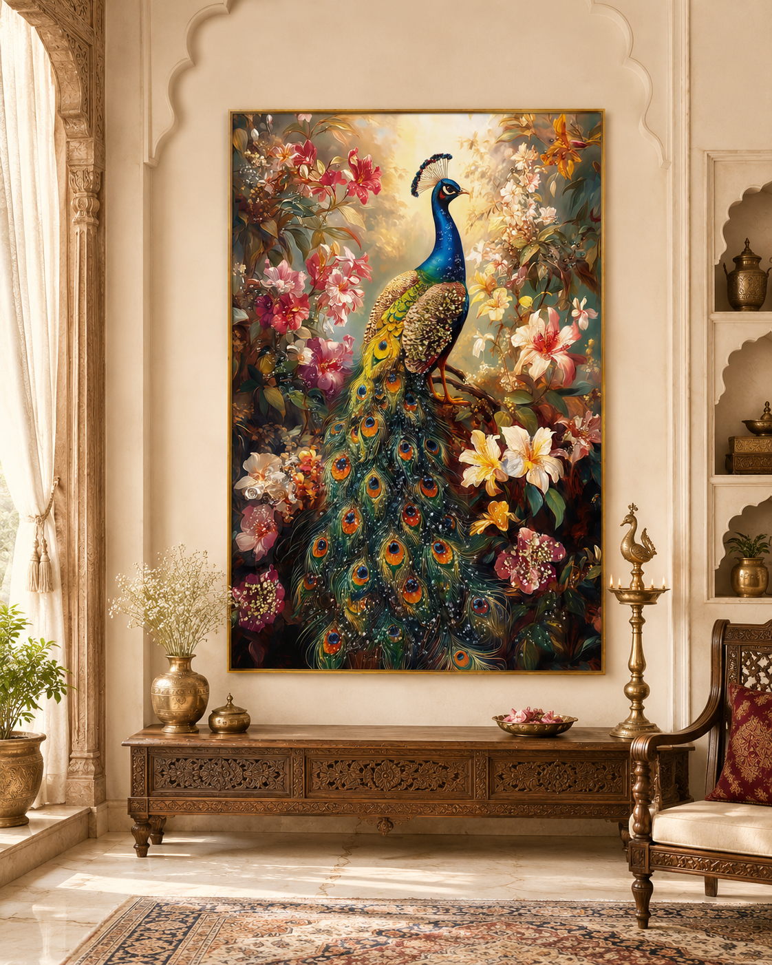 Floral Peacock Paradise Crystal Glass Art Wall Painting