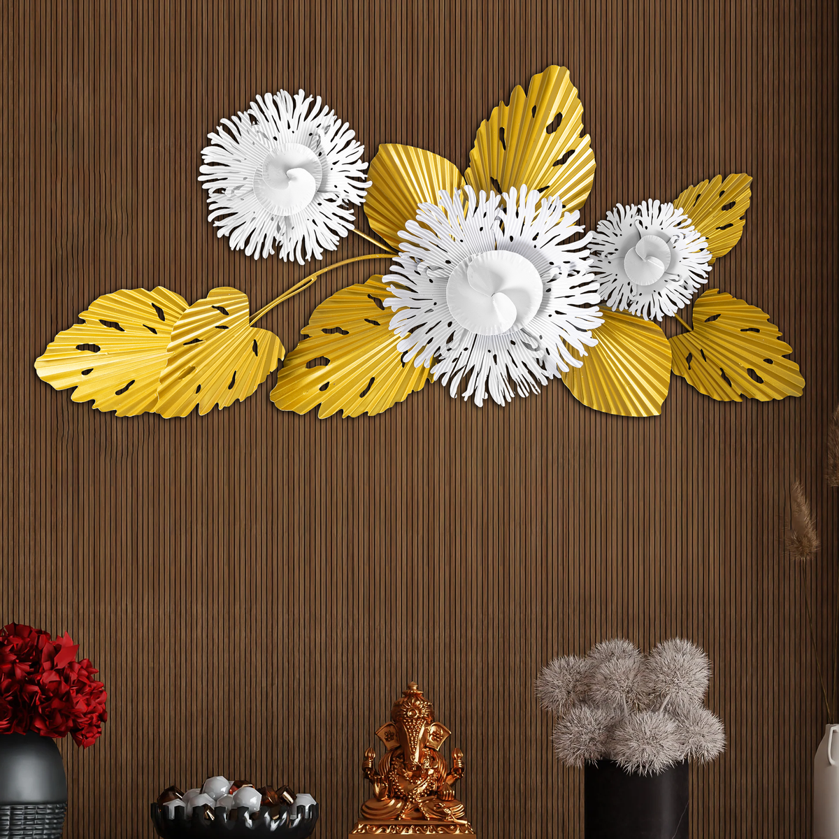 Palmero Floral Arrangment Metal Wall art Panel - Gold