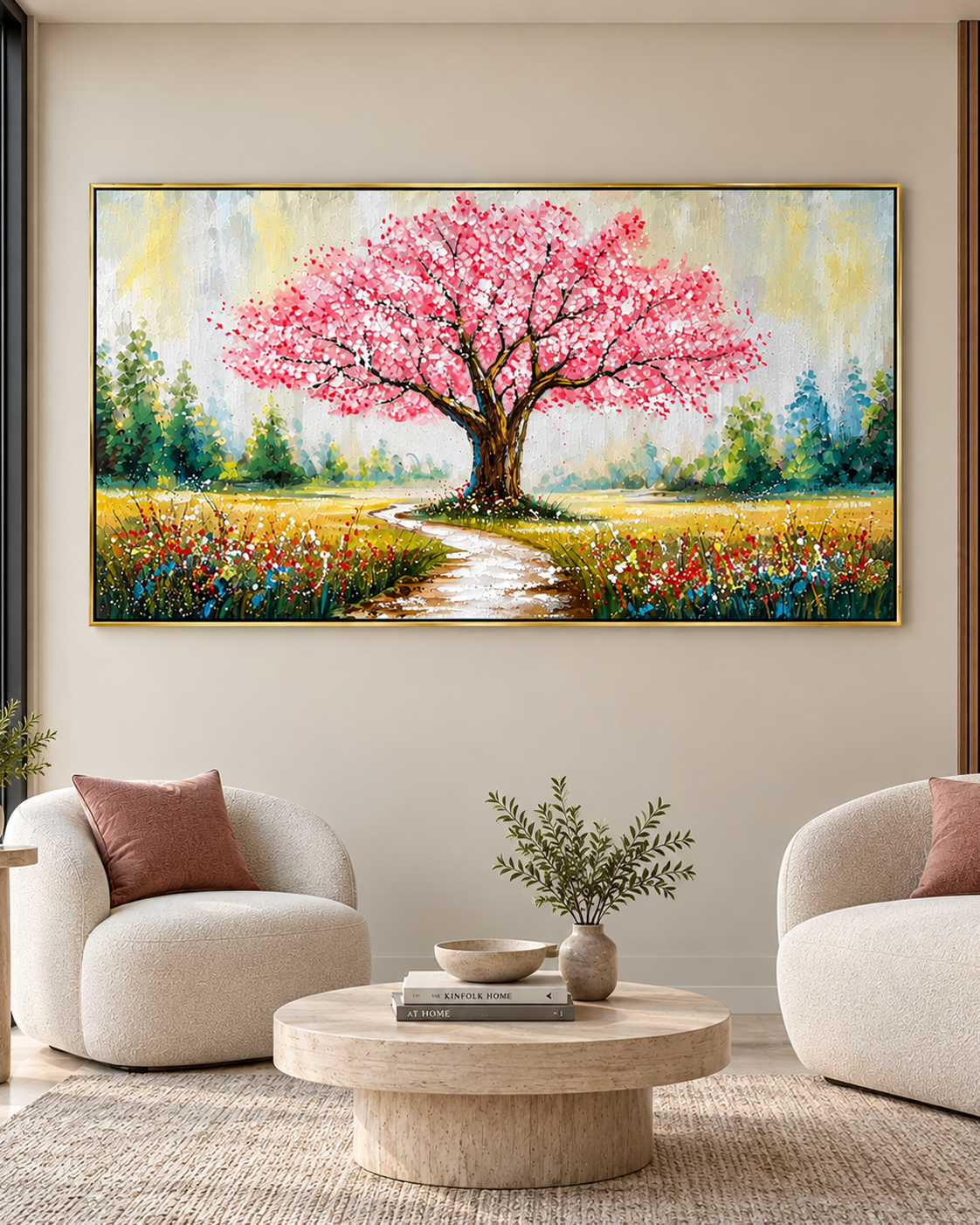 Blossom Path 100% Hand Painted Wall Painting (With Golden Outer Floater Frame frame) (27.5x55 Inches)