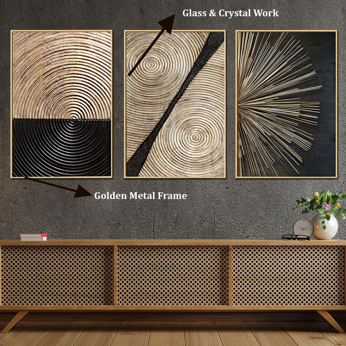 Rising Sun Crystal Glass Painting - Set of 3 (Black & Gold)
