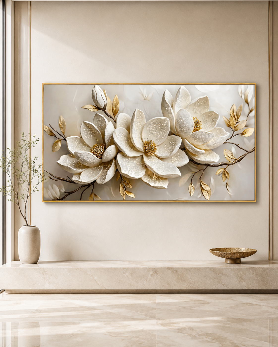 Ivory Magnolia Elegance Crystal Glass Painting & Wall Decoration Items
