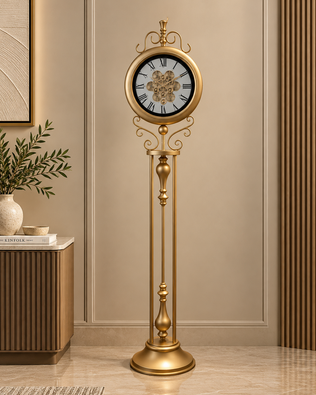 Classic Crown Luxury Designer Silent Movement Standing Clock With Moving Gear Mechanism (Steel Body) (With Light & Remote)