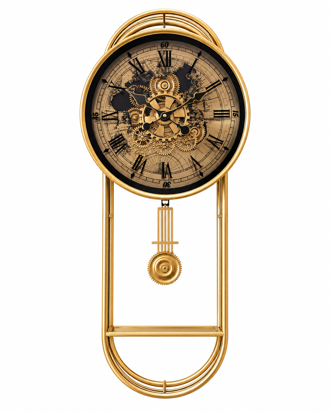 Phantom Dial Designer Silent Movement Pendulum Clock With Moving Gear Mechanism - Gold (Steel Body)