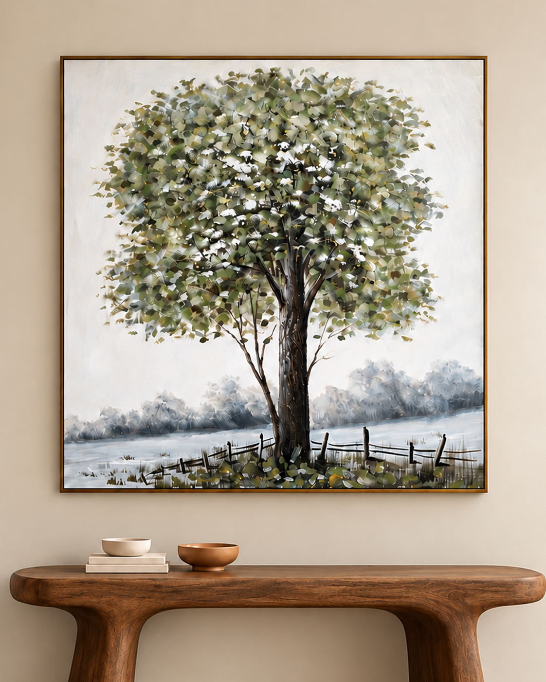 Beyond the Fence 100% Handmade Nature Painting For Home (With Golden Outer Floater Frame frame) (39.5x39.5 Inches)