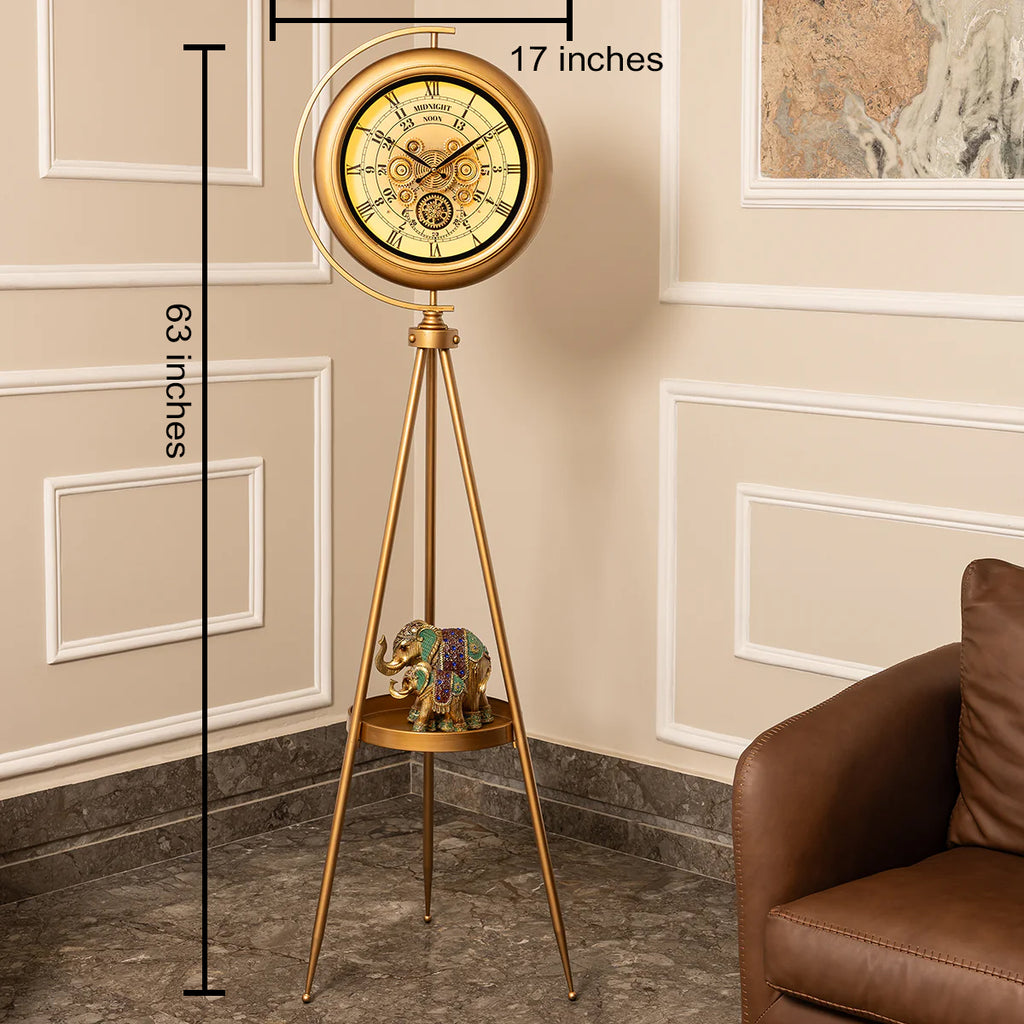 Mystic Motion Tripod Base Luxury Designer Silent Movement Floor Clock With Moving Gear Mechanism Buy Floor Clock Online (With Light and Remote) (Steel Body) - White