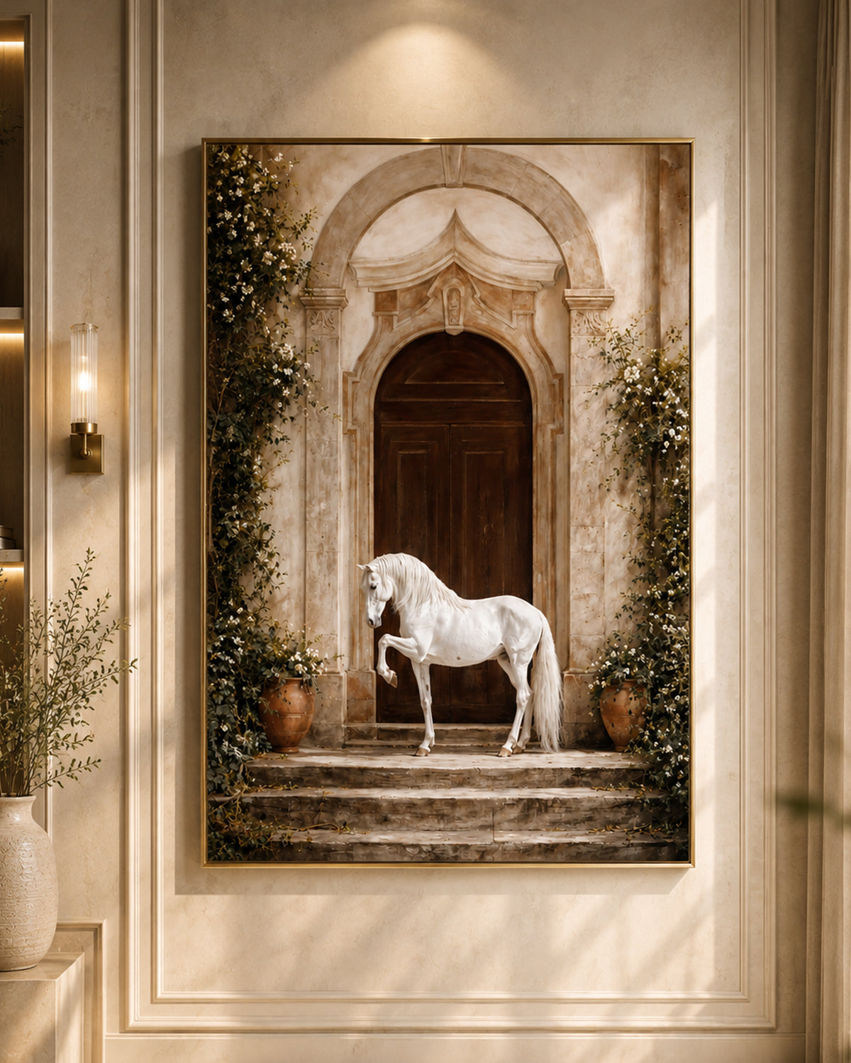 White Horse at the Manor Embossed Wall Painting for Home & Item for Wall Decoration ( 35.5 x 23.5 Inches )