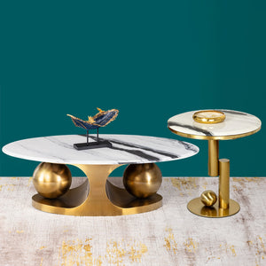 Amara Gold Base Round Accent Table With Side Table - Set of 2 (BIG) (PANDA MARBLE) (STAINLESS STEEL)