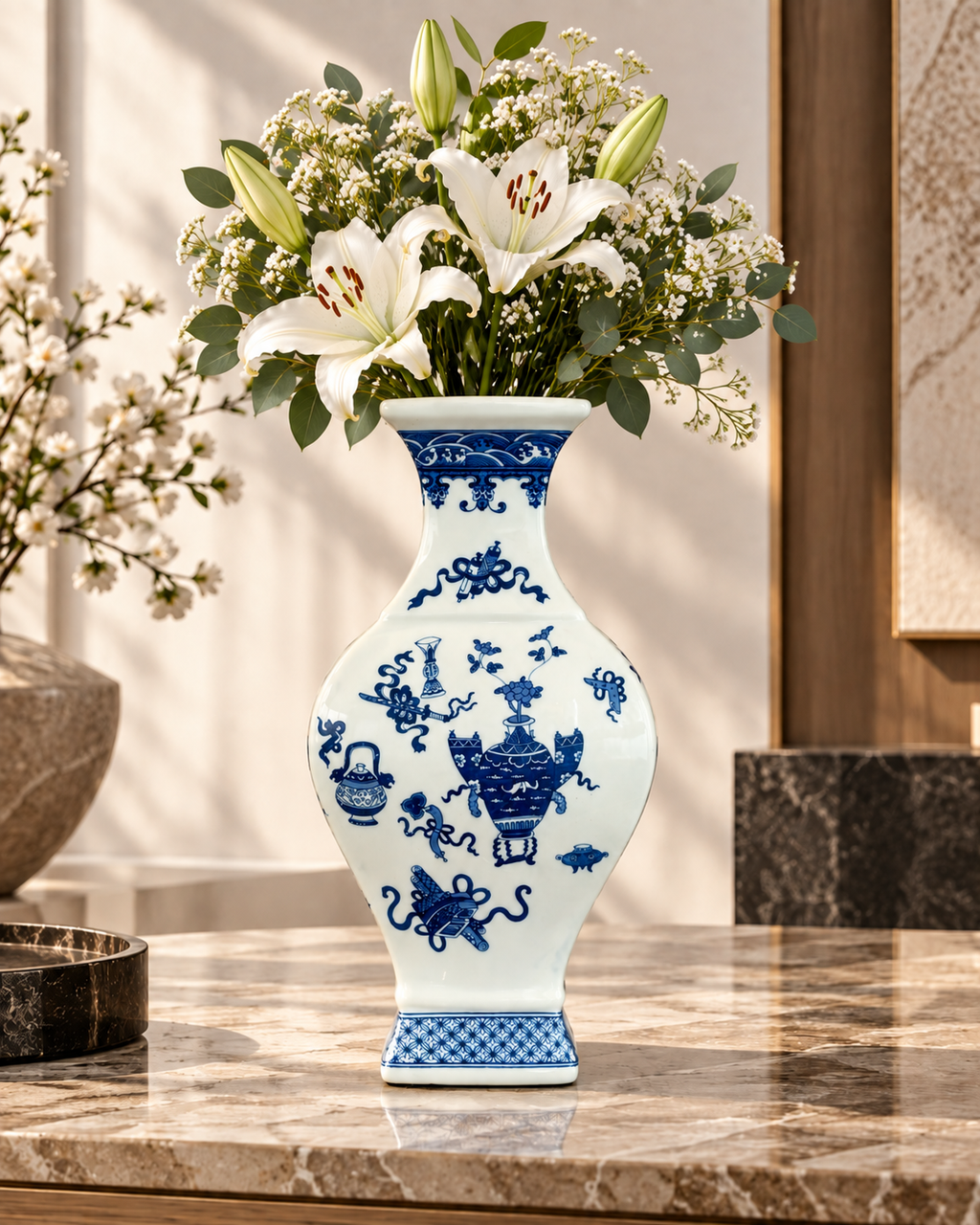 Treasured Symbols Decorative Vase & Showpiece for Home & Item for Home Decoration (Blue Pottery)
