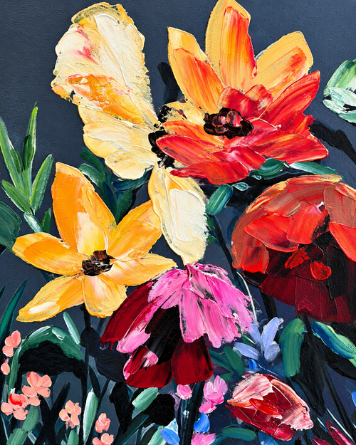 Wildflower Garden 100% Hand Painted Wall Painting (With Golden Outer Floater Frame frame) (27.5x55 Inches)