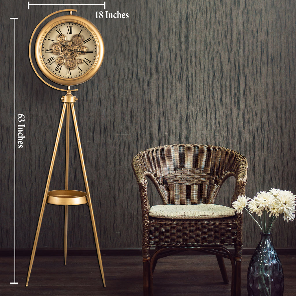 Golden Meridian Tripod Base Luxury Designer Standing Clock With Moving Gear Mechanism Buy Floor Clock Online (Steel Body)