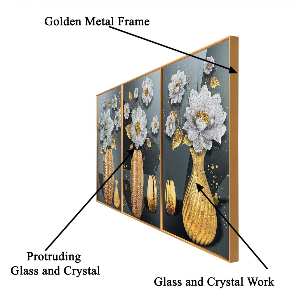 Divine Floral Dimensions Crystal Decorative Colorful Wall Painting for Home Wall - Set of 3