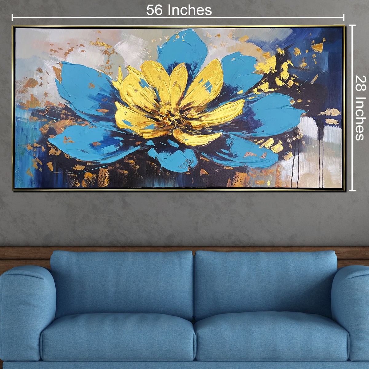 Golden Lotus Bloom 100% Hand Painted Wall Painting & Wall Decor Item (With outer Floater Frame)