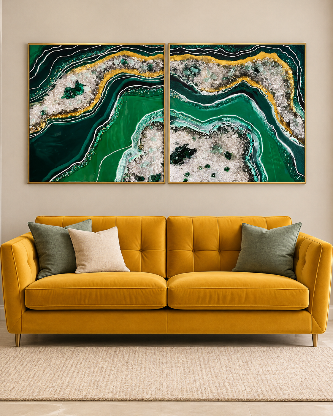 Verdant Sparkle Resin Art Wall Painting - Set of 2