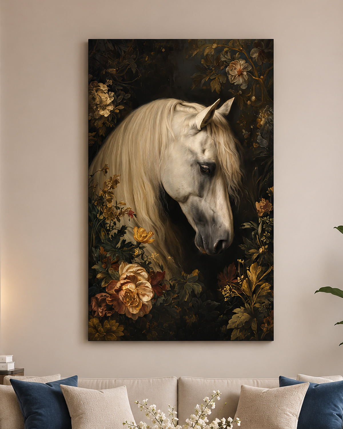Graceful White Horse Embossed Wall Painting for Home & Item for Wall Decoration ( 35.5 x 23.5 Inches )