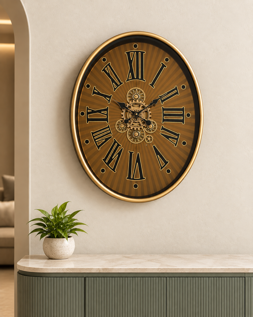 Classic Hour Luxury Designer Silent Movement Wall Clock With Moving Gear Mechanism (Steel Body)