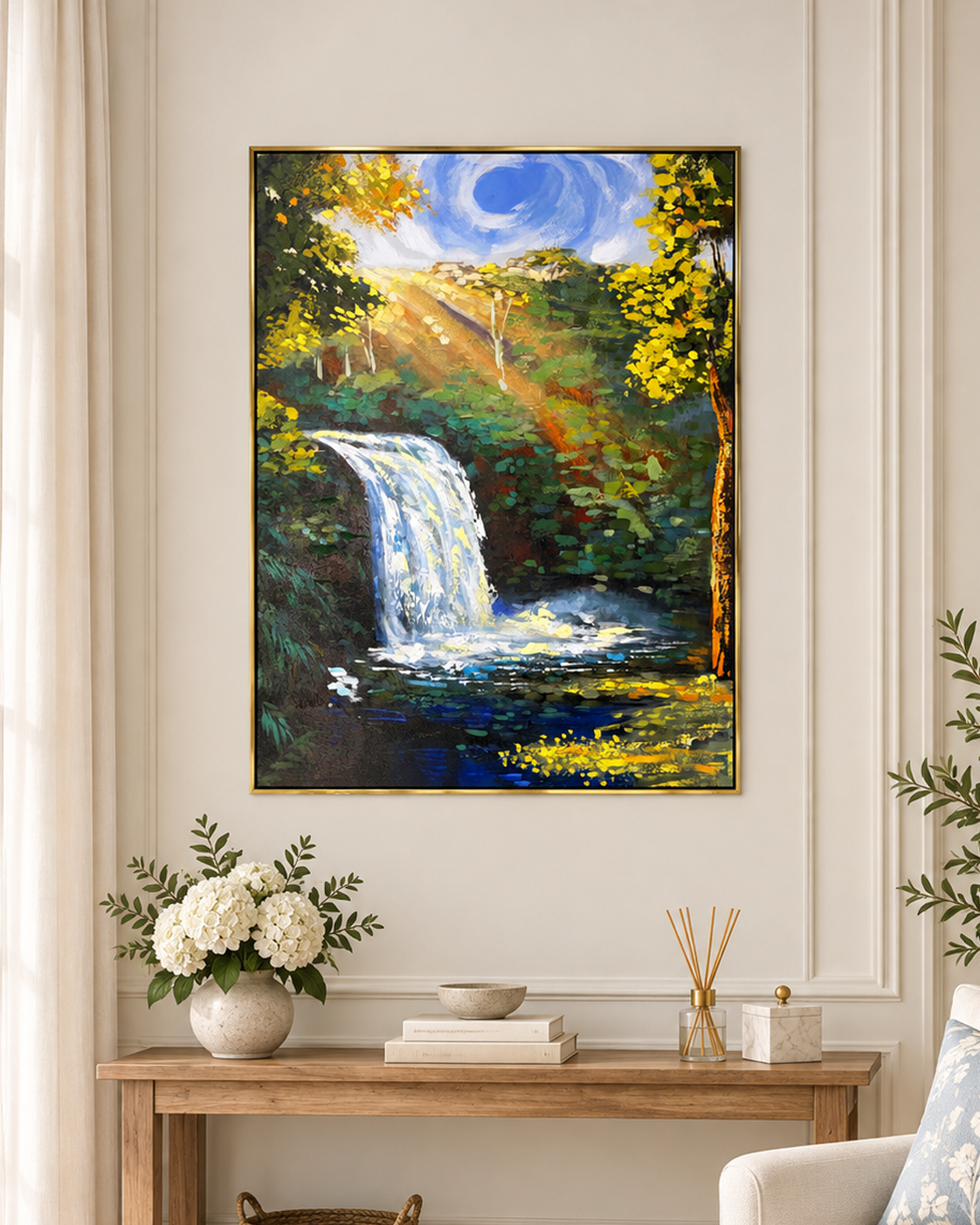 Enchanted Waterfall 100% Handmade Nature Painting For Home (With Golden Outer Floater Frame frame) (35.5x47 Inches)