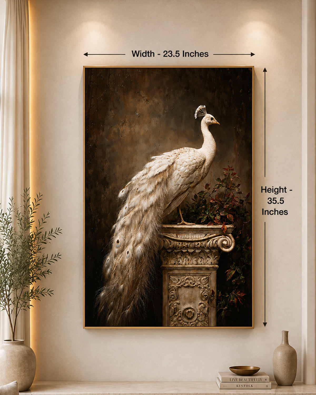 The Royal White Peacock Embossed Wall Painting for Home & Item for Wall Decoration ( 35.5 x 23.5 Inches )