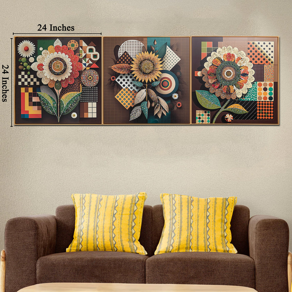Floral Symphony Glass Paintings For Living Room - Set of 3