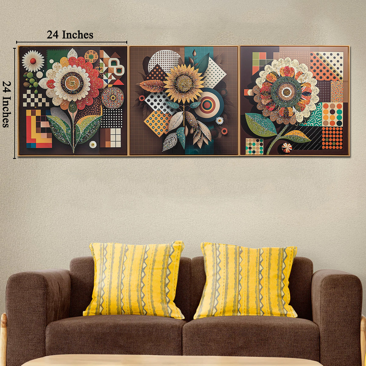 Floral Symphony Glass Paintings For Living Room - Set of 3