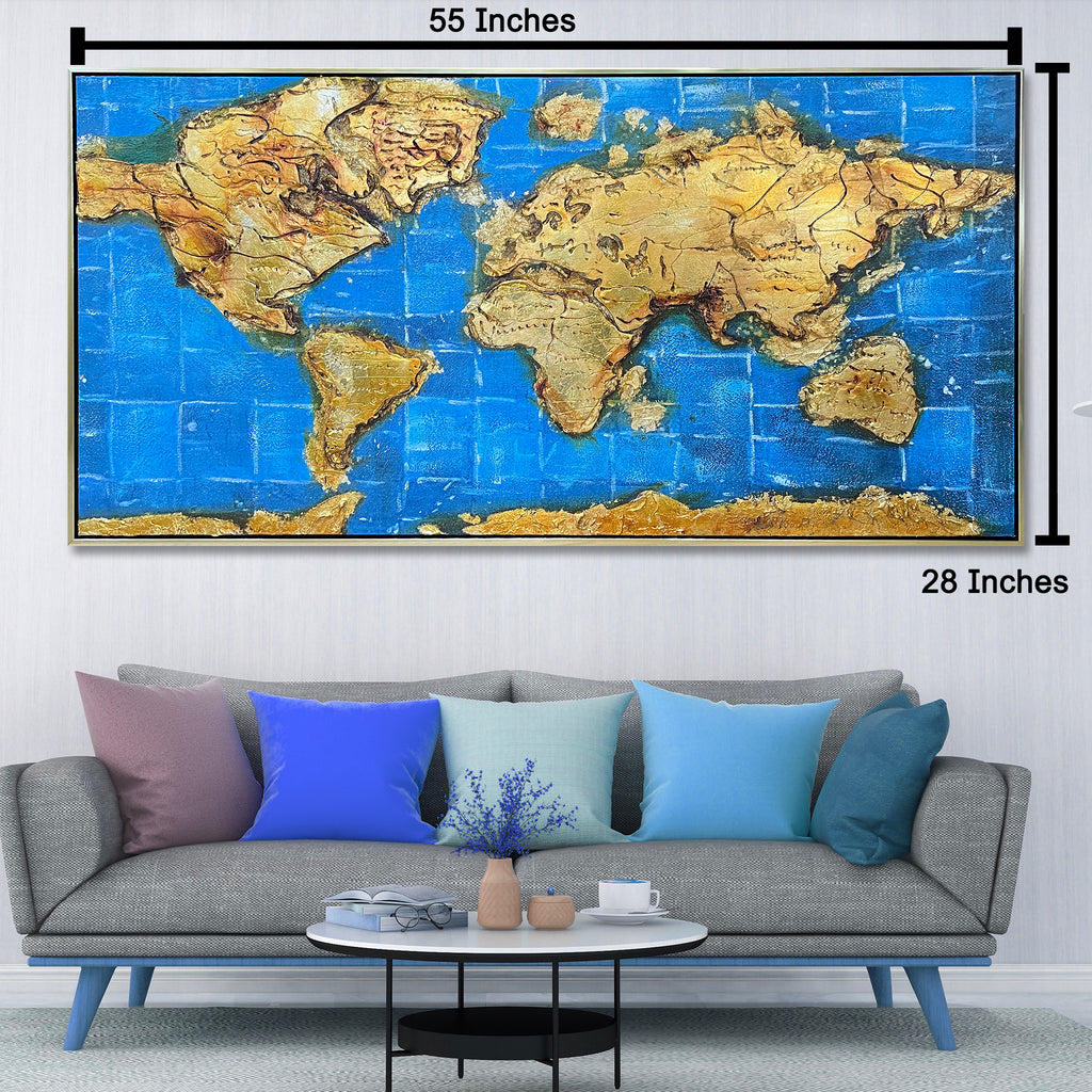 Global Odyssey World Map 100% Hand Painted Wall Painting (With Golden Outer Floater Frame frame) (27.5x55 Inches)