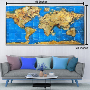 Global Odyssey World Map 100% Hand Painted Wall Painting (With Golden Outer Floater Frame frame) (27.5x55 Inches)