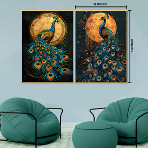 Sunlit and Moonlit Peacock  Canvas Paintings - Set of 2