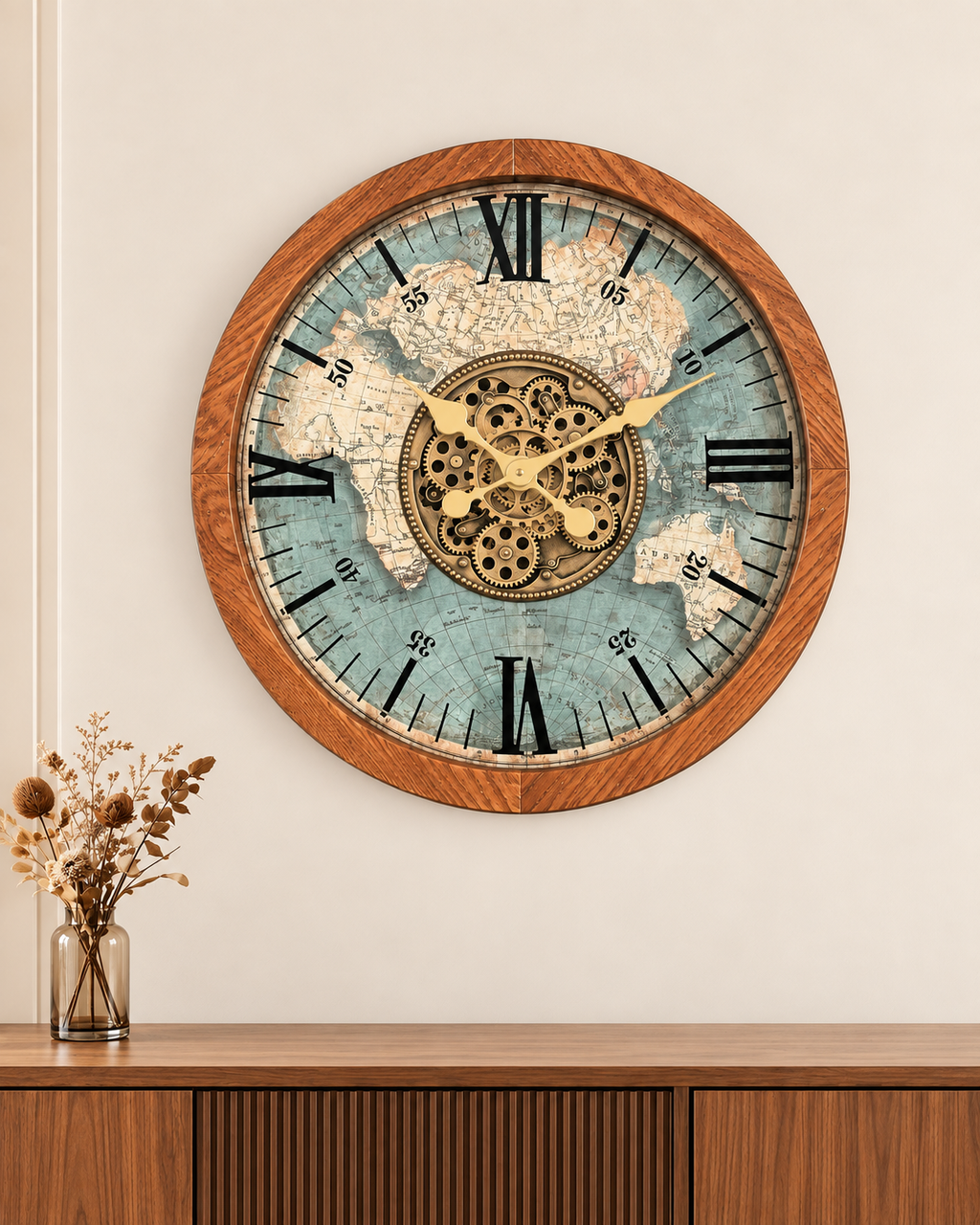 World Meridian Luxury Designer Silent Movement Wall Clock With Moving Gear Mechanism (Steel Body)