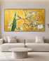 Peacock Paradise of Gold 100% Hand Painted Wall Painting (With Golden Outer Floater Frame frame) (27.5x55 Inches)