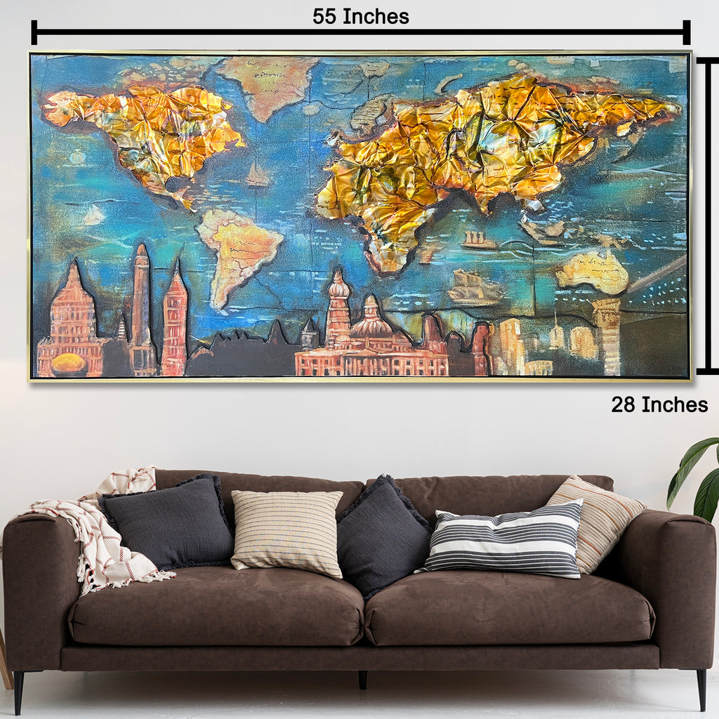 Golden World Skylines 100% Hand Painted Wall Painting (With Golden Outer Floater Frame frame) (27.5x55 Inches)