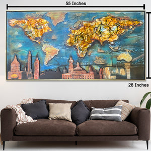 Golden World Skylines 100% Hand Painted Wall Painting (With Golden Outer Floater Frame frame) (27.5x55 Inches)
