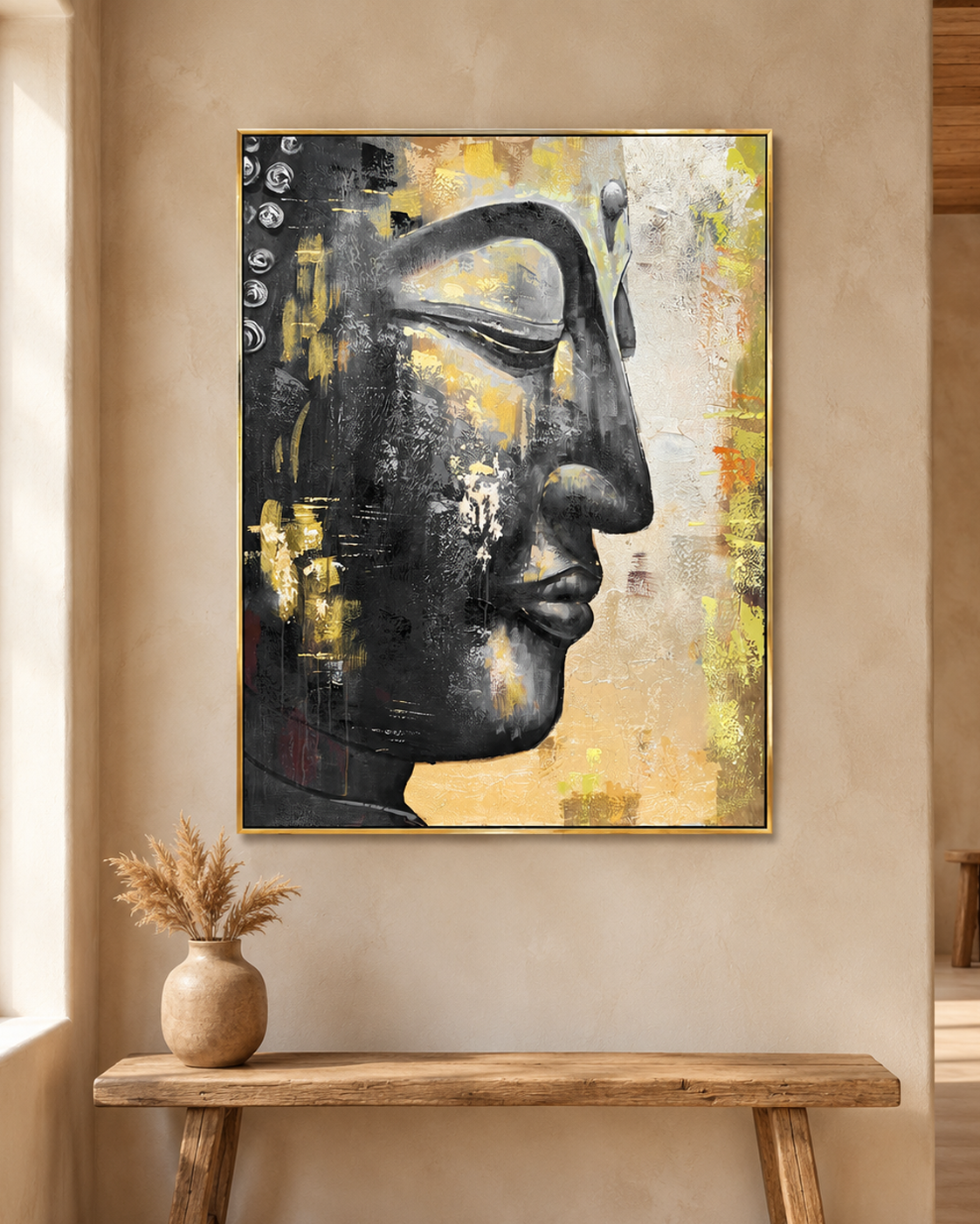 Tranquil Buddha 100% Hand Painted Wall Painting (With Golden Outer Floater Frame frame) (47x35.5 Inches)