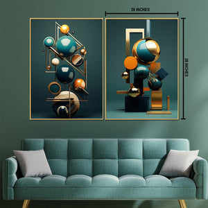 Futuristic Shapes Framed Canvas Painting & Wall Decoration Item - Set of 2