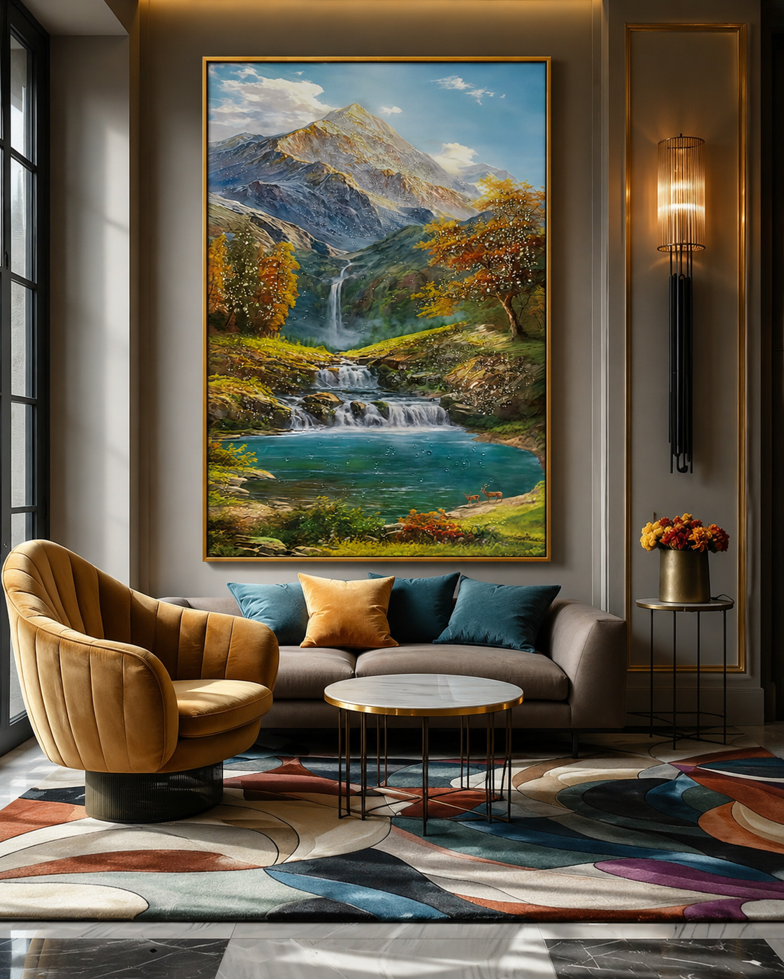 Autumn by the Waterfall Crystal Glass  Nature Wall Painting & Wall Decoration Items