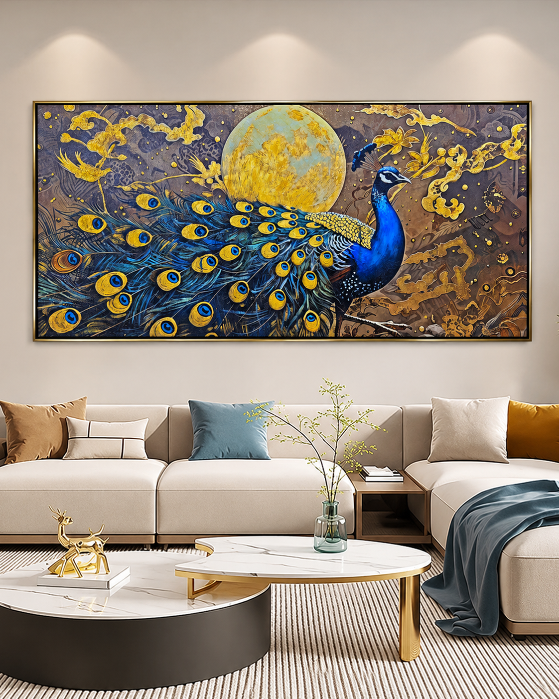 Golden Moon Peacock 100% Hand Painted Wall Painting (With Golden Outer Floater Frame frame) (27.5x55 Inches)