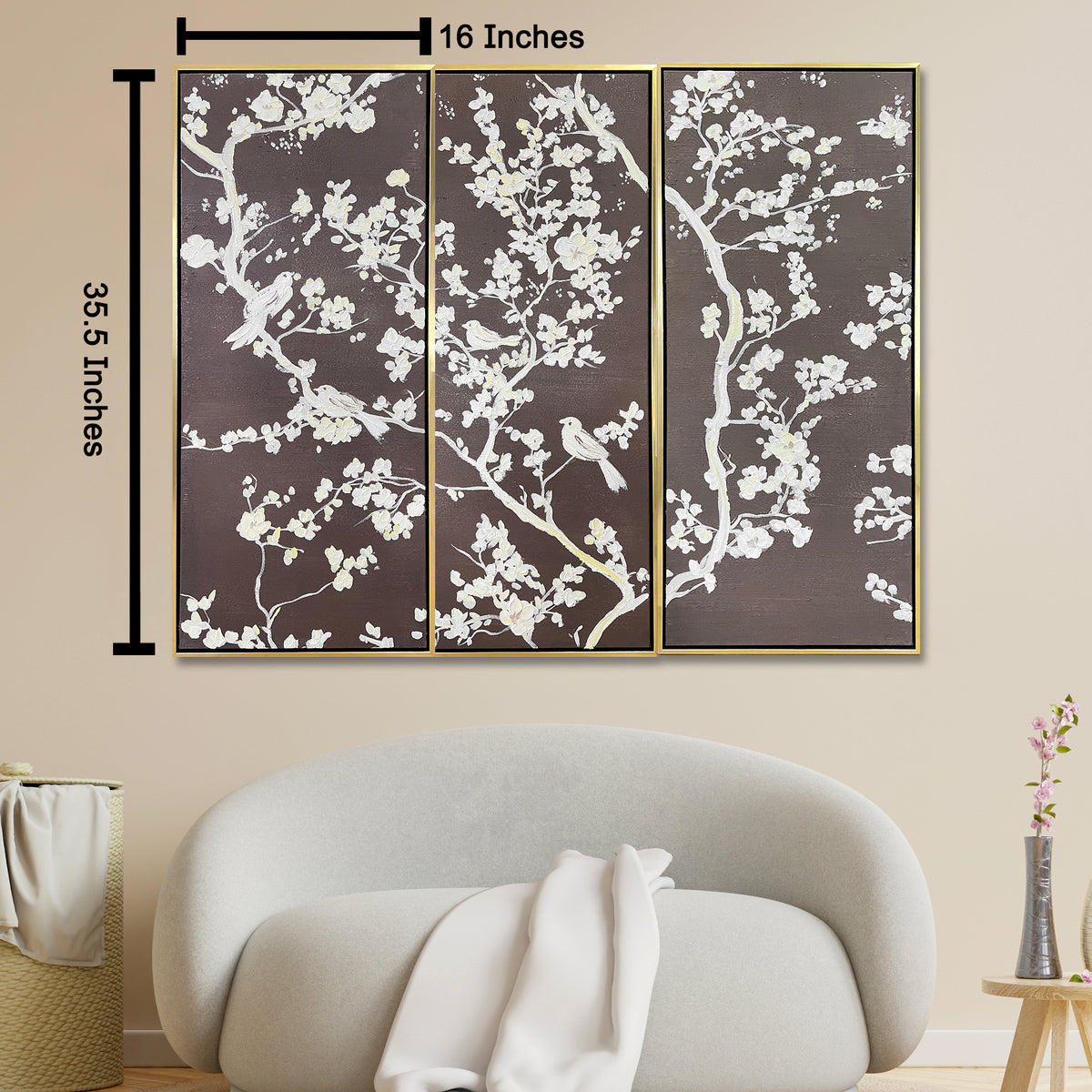 Tranquil Sparrow Symphony 100% Hand Painted Wall Painting (With Golden Outer Floater Frame frame)