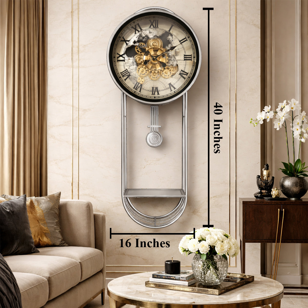 Phantom Dial Designer Silent Movement Pendulum Clock With Moving Gear Mechanism (Steel Body)