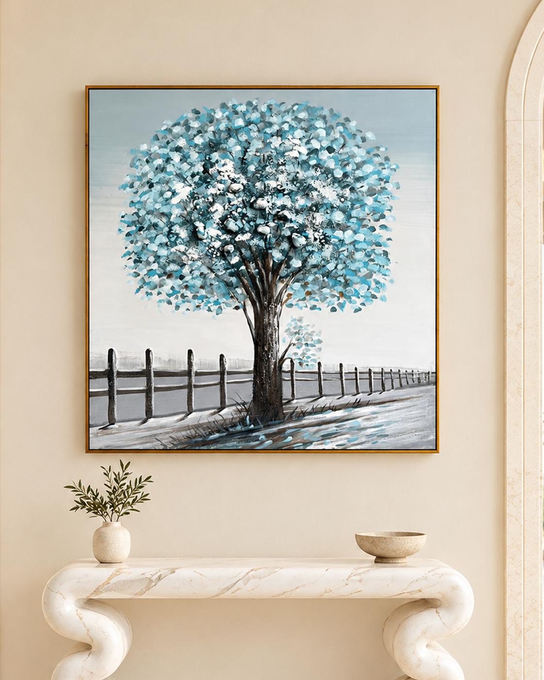 A Quiet Winter 100% Handmade Nature Painting For Home (With Golden Outer Floater Frame frame) (39.5x39.5 Inches)
