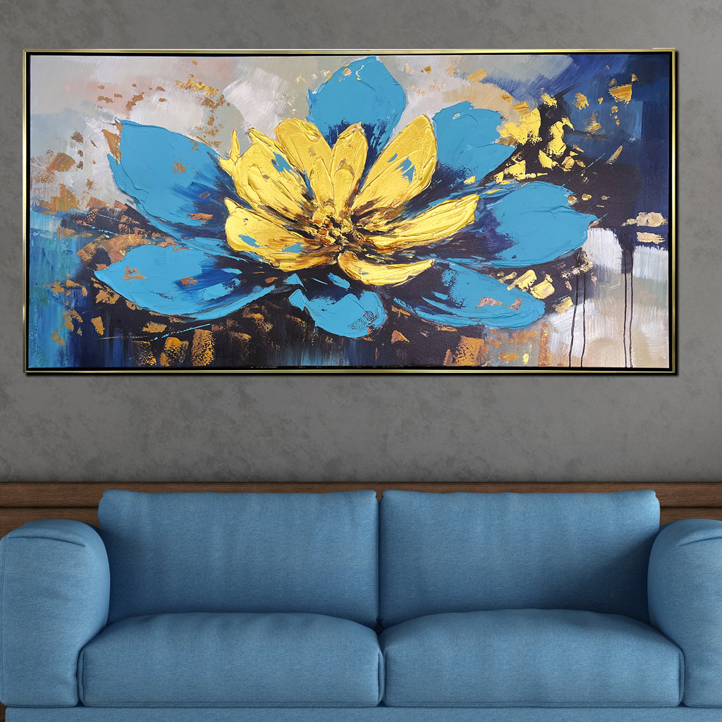 Golden Lotus Bloom 100% Hand Painted Wall Painting & Wall Decor Item (With outer Floater Frame)
