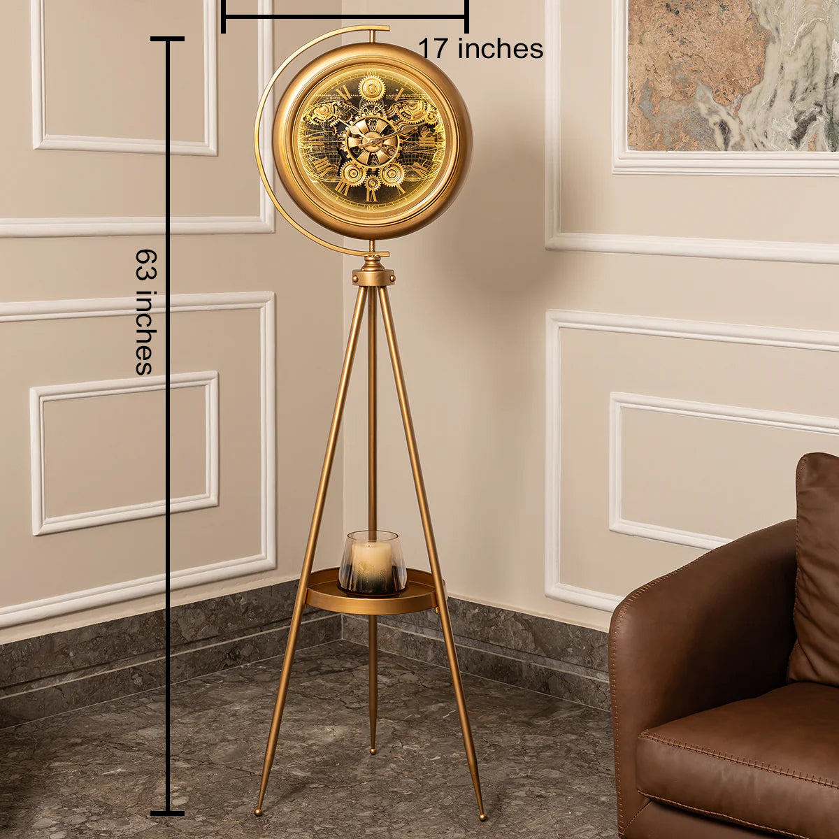 Chrono Luxe Tripod Base Luxury Designer Silent Movement Floor Clock With Moving Gear Mechanism (With Light and Remote) (Steel Body)