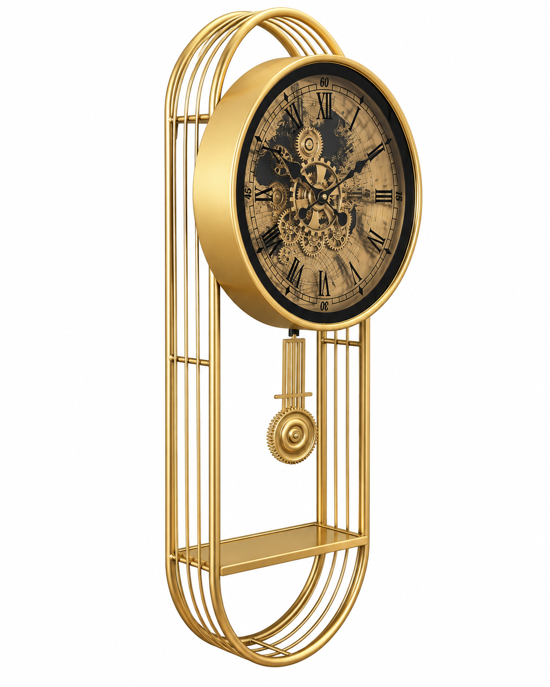 Phantom Dial Designer Silent Movement Pendulum Clock With Moving Gear Mechanism - Gold (Steel Body)